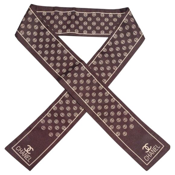 CHANEL Silk Bandeau Hair Neck Bag Twill Scarf Slim Tie Brown CC Logo Authentic - Picture 1 of 11